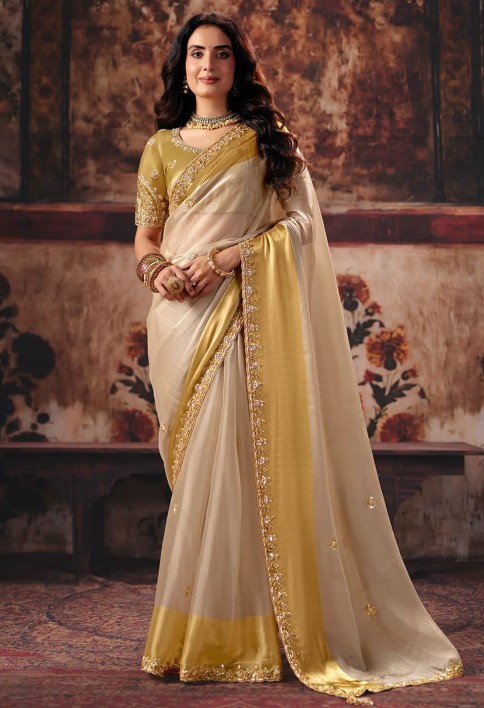 Beige & Golden Designer Style Festive Wear Saree